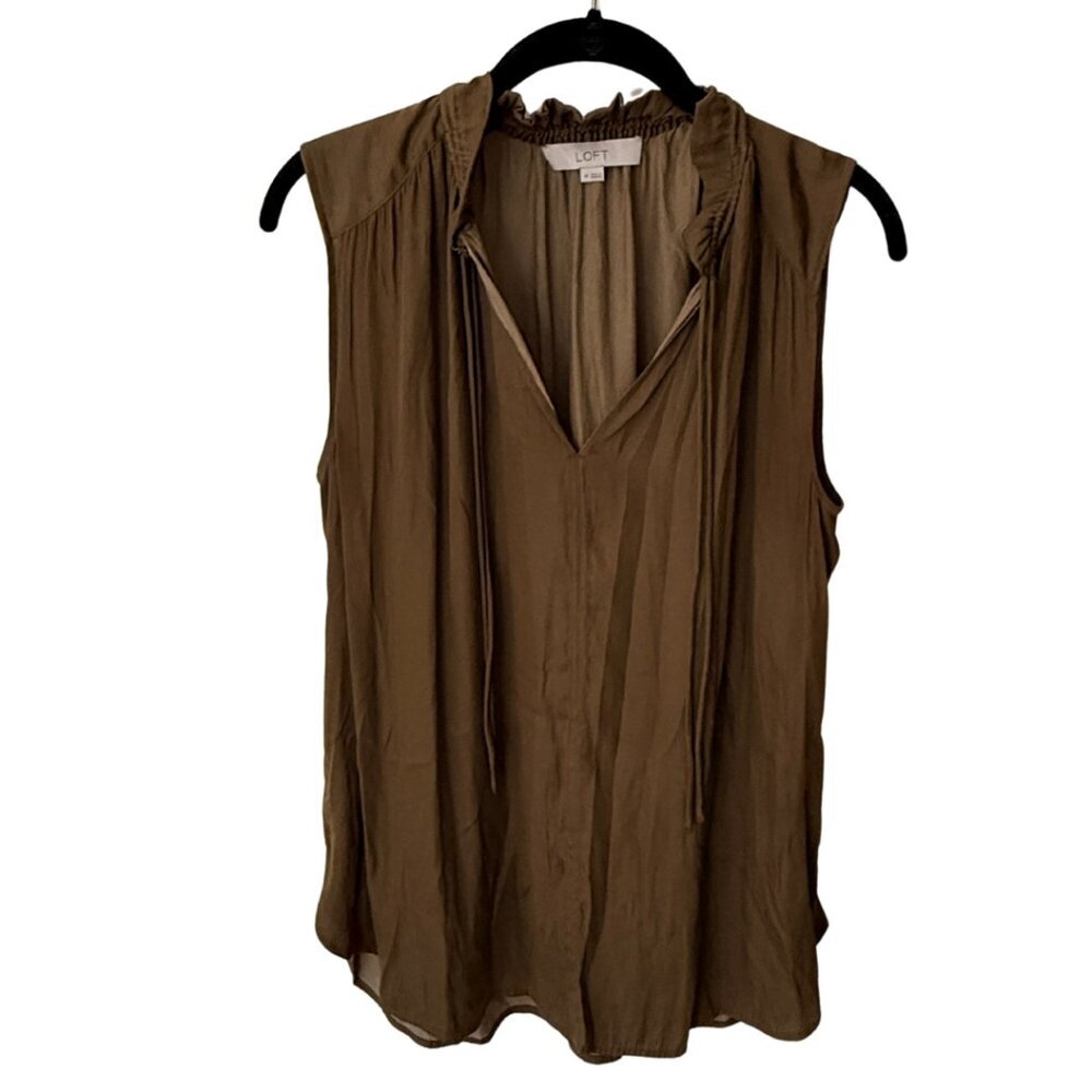 Loft, sleeveless, ruffle neck, top, brown, M